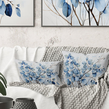 Blue And Grey Leave On Branch III - Leaves Throw Pillow